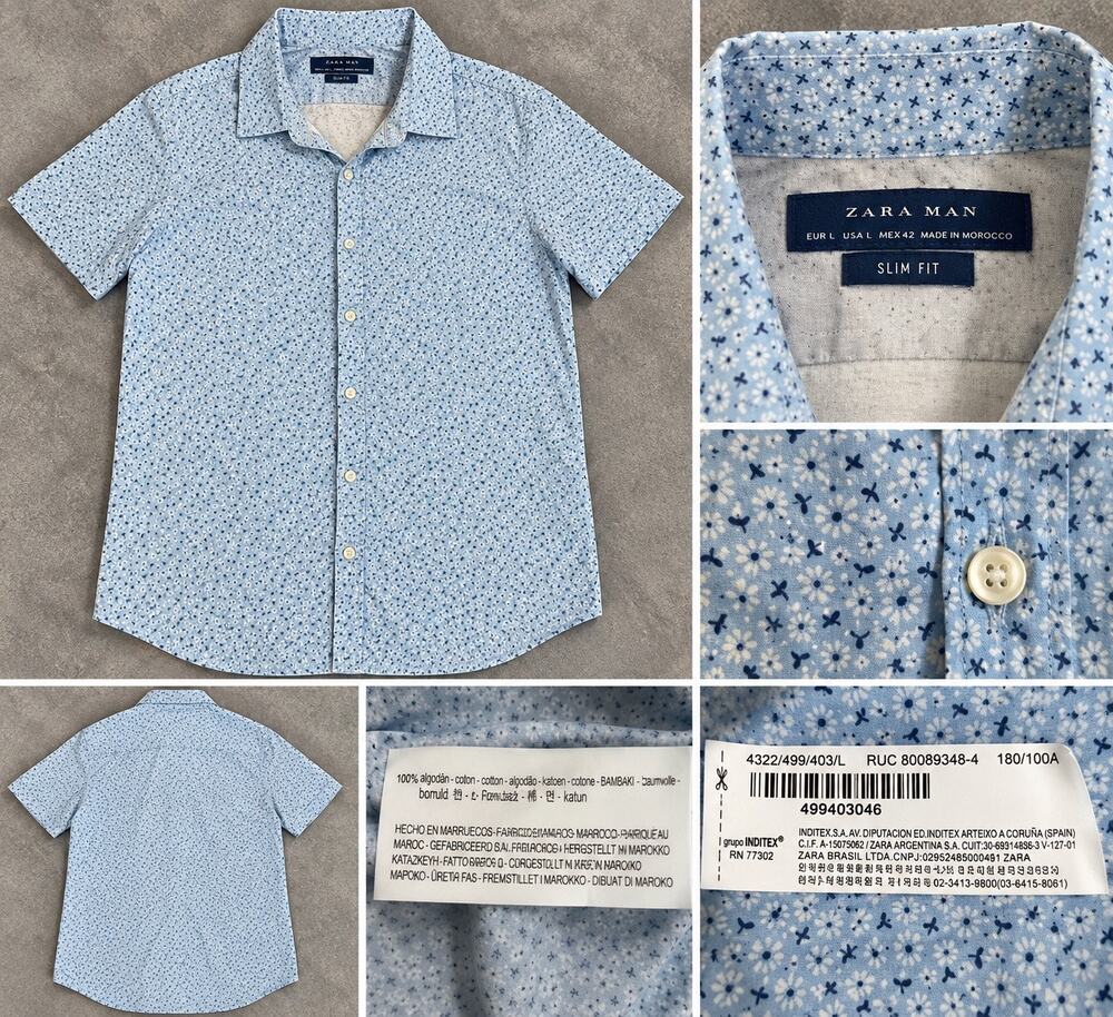 Zara Man Blue Floral Print Short Sleeve Button Down Shirt Slim Fit L